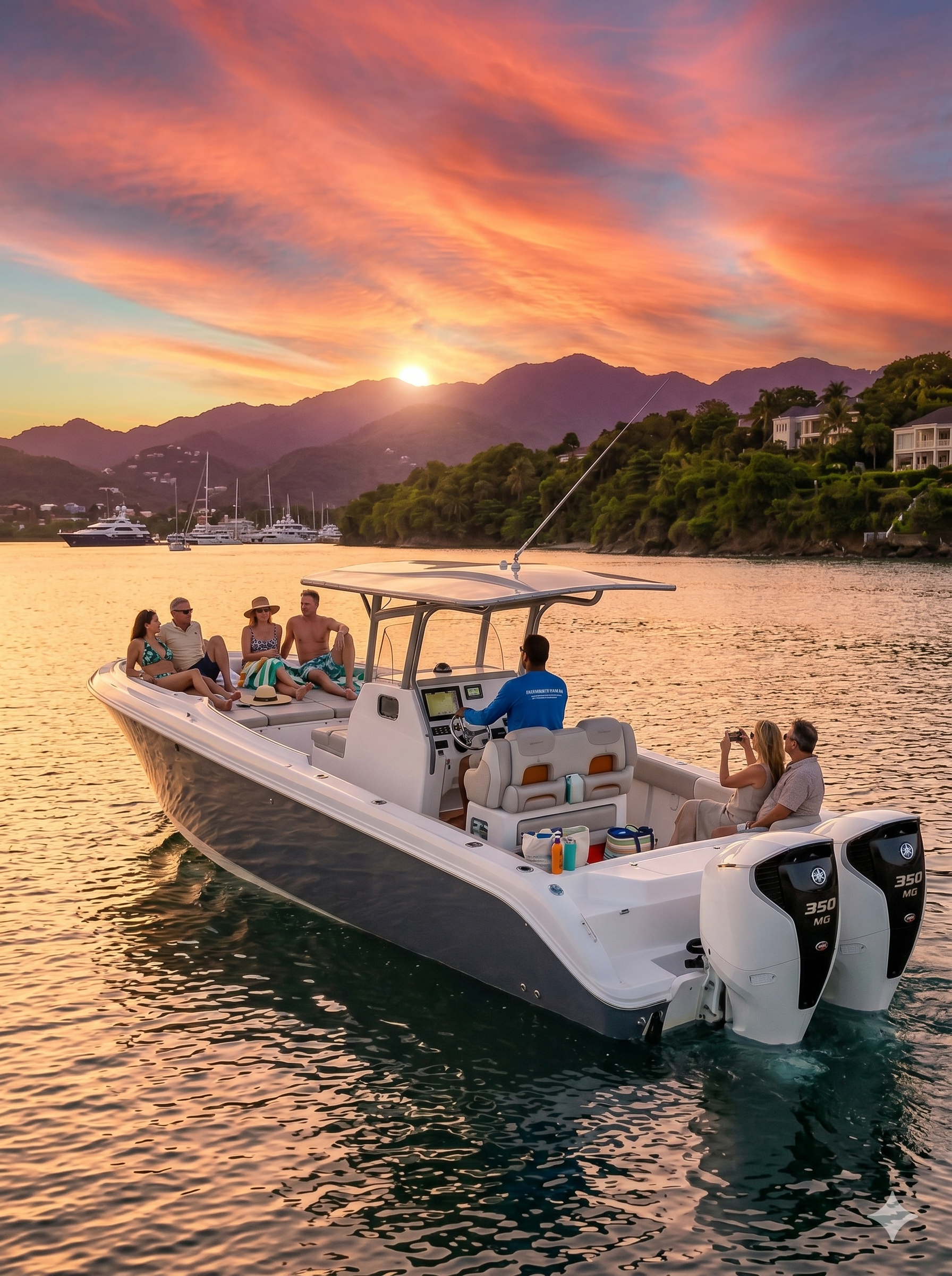 Bateau à moteur quittant la côte au soleil